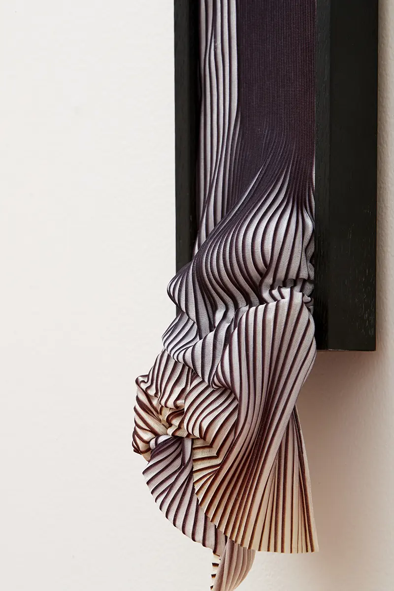 Stevie-Fieldsend_hereafter-v_detail_2018_paper-pleated-polyester-textile-on-canvas-Tasmanian-Oak_114x13x4cm.-Photograph-by-Zan-Wimberley